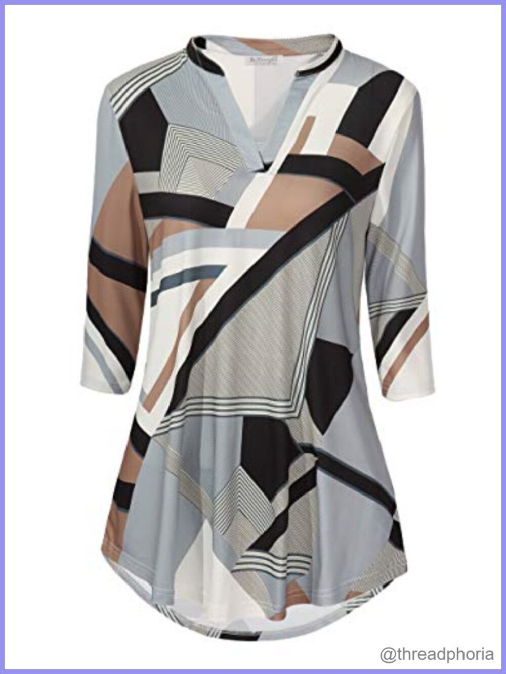 Womens 3/4 Sleeve Notch V Neck Floral Tunic Top Loose Fit Work Blouse